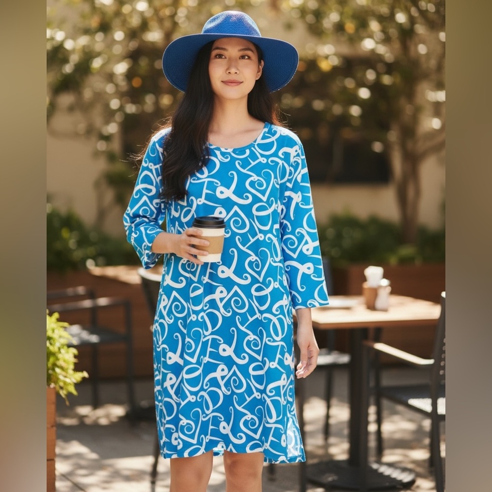 Lulu B Blue White Abstract Print Shift Dress Women’s 1X